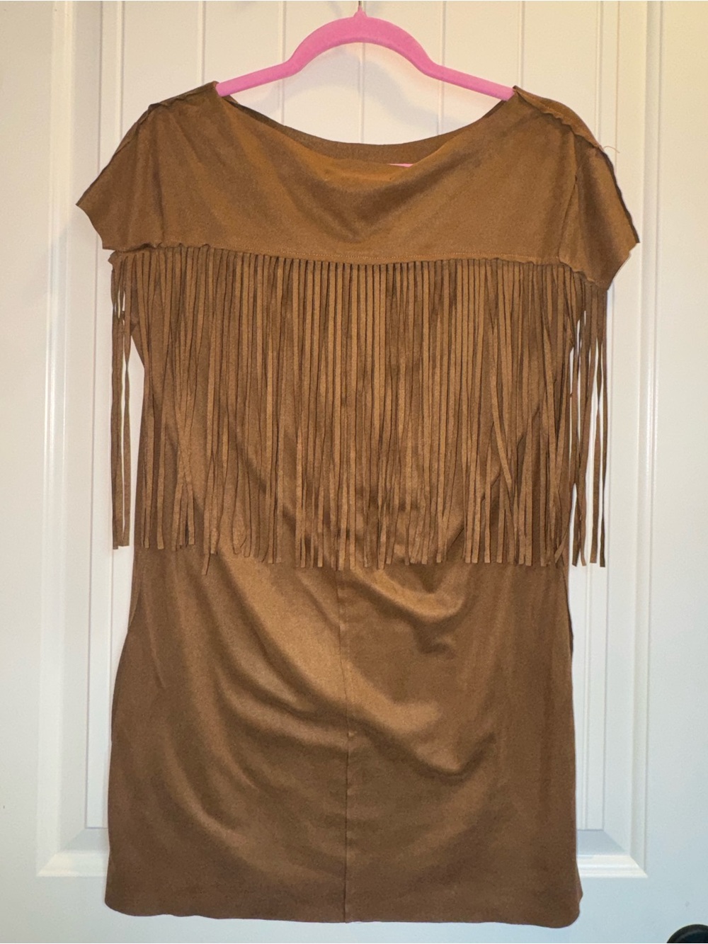 Haute Monde Brown Suede-Style Midi Dress with Fringe Sleeves